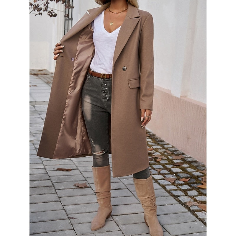 Tailored long coat with a notch lapel and front button fastening, product still life