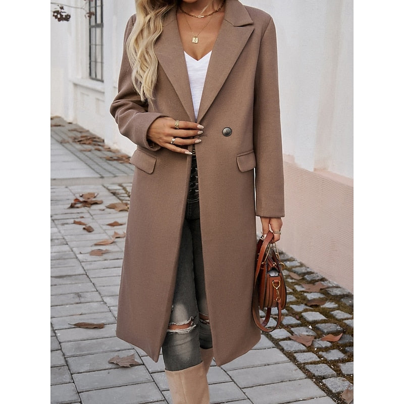 Tailored long coat with a notch lapel and front button fastening, product still life