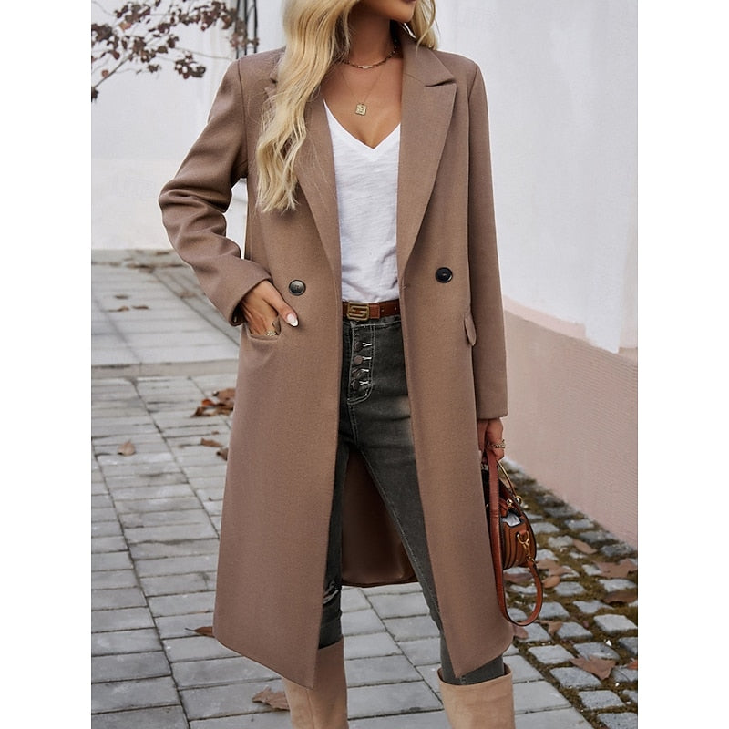 Tailored long coat with a notch lapel and front button fastening, product still life