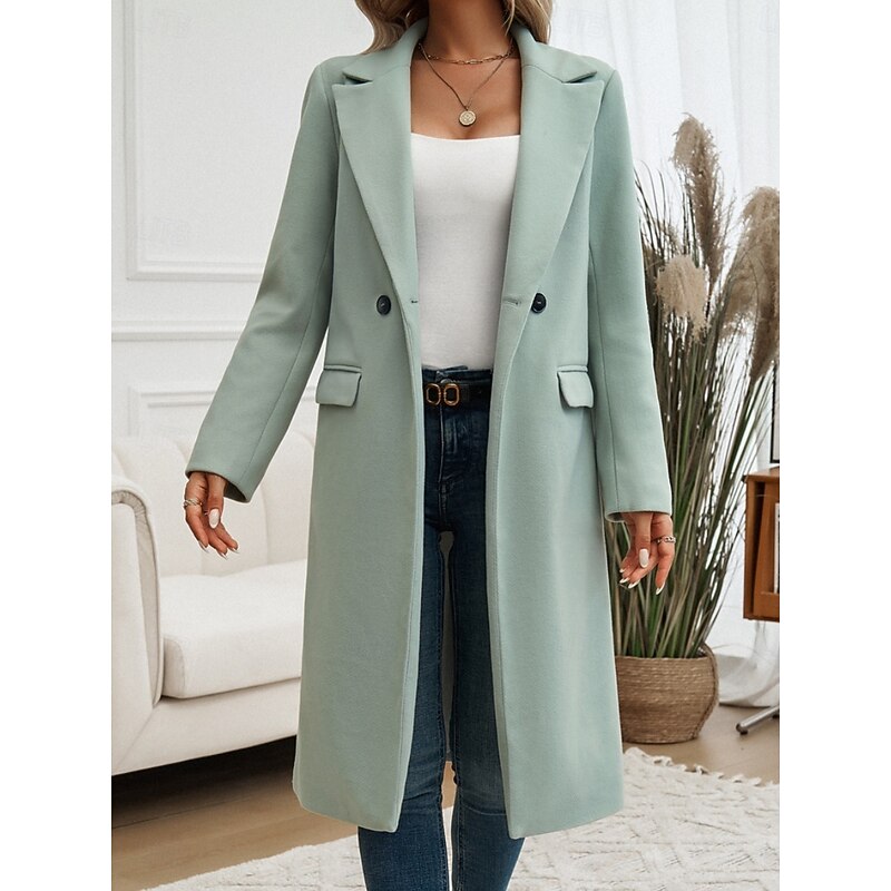 Tailored long coat with a notch lapel and front button fastening, product still life