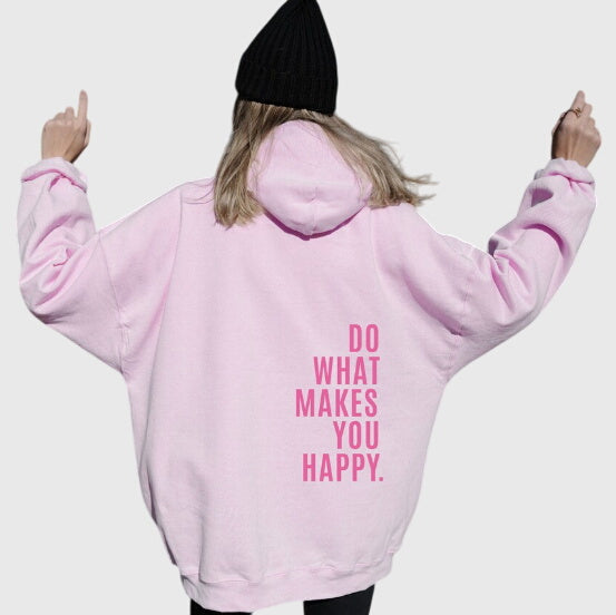 Women's Black Oversized Slogan Print Drawstring Autumn Hoodie