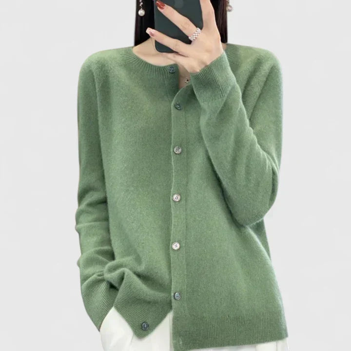 Women's Green Comfortable Button-Front Knitted Autumn Cardigan