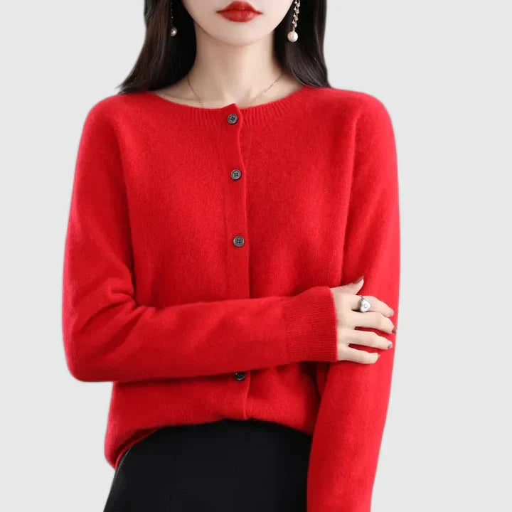 Women's Beige Comfortable Button-Front Knitted Autumn Cardigan