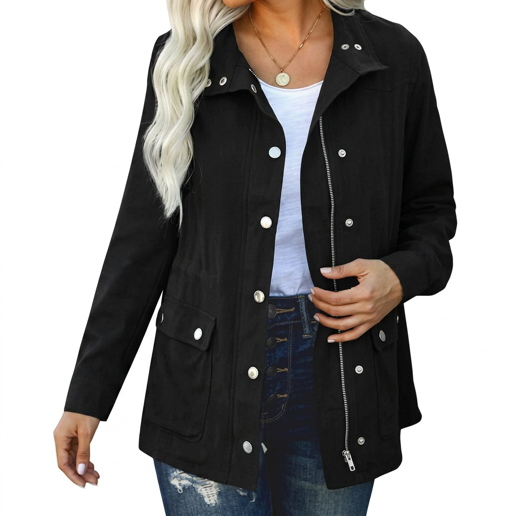 Women's Lightweight Utility Jacket With Snap-Button Front And Pockets