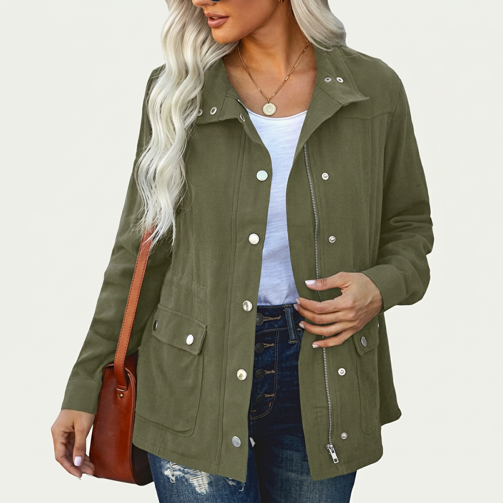 Women's Lightweight Utility Jacket With Snap-Button Front And Pockets