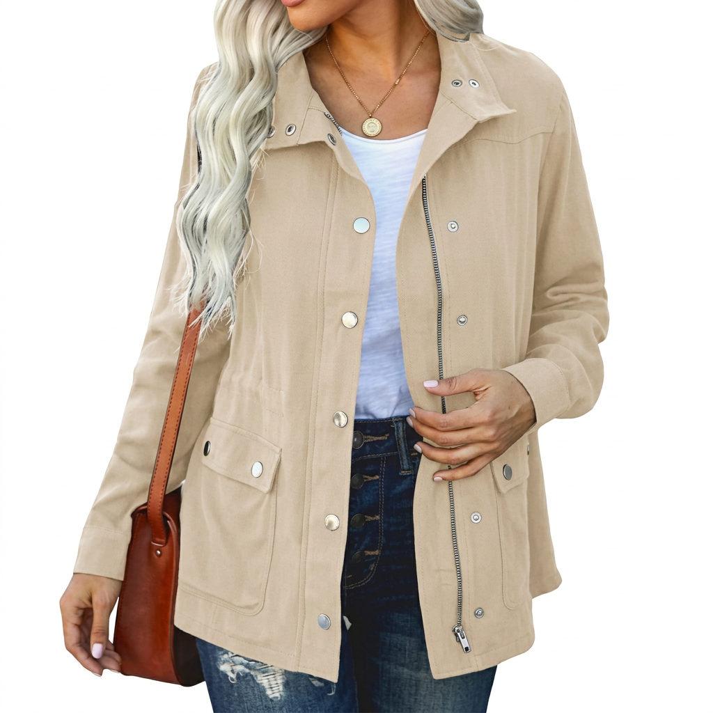 Women's Lightweight Utility Jacket With Snap-Button Front And Pockets