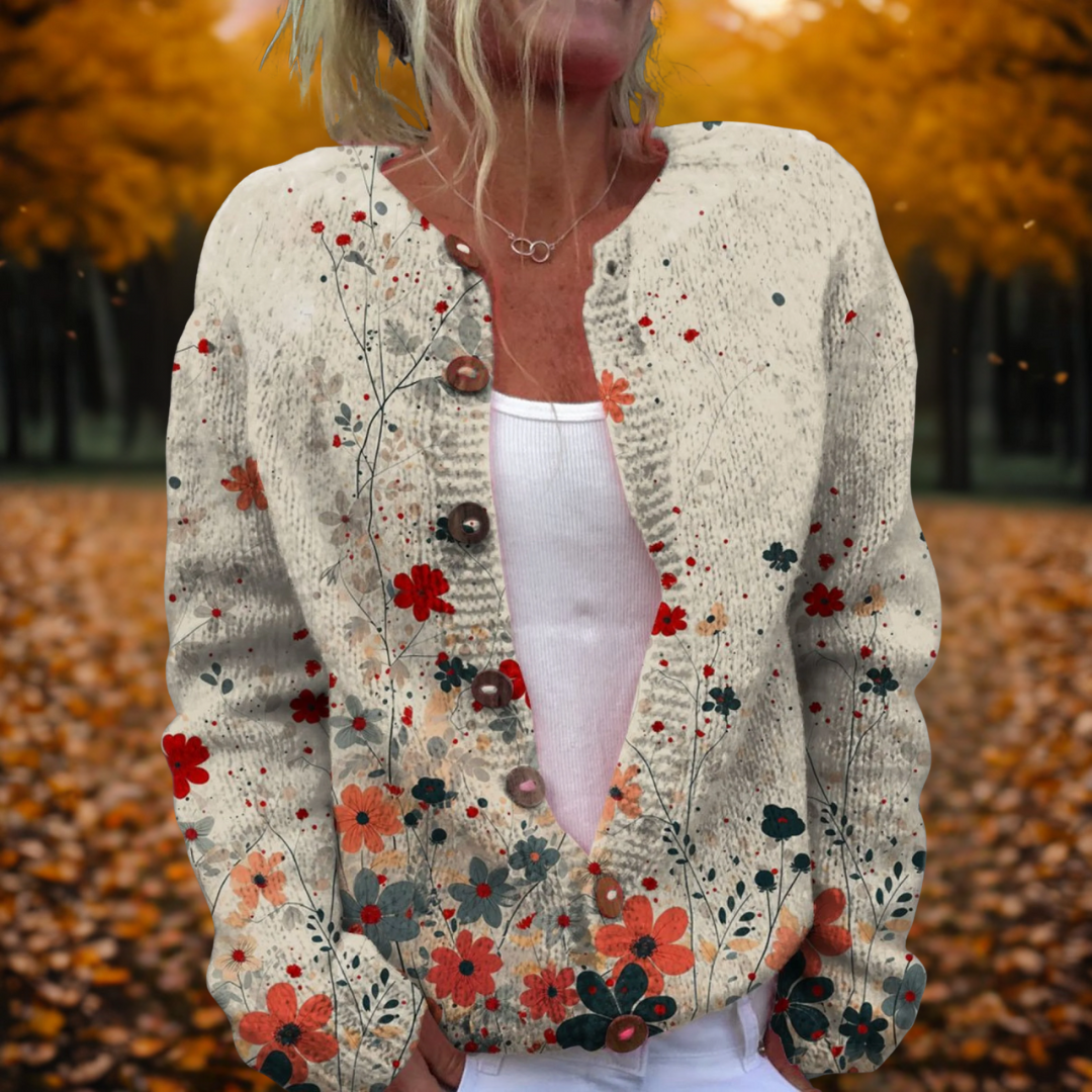 Women's Vintage Floral Print Round Neck Knit Cardigan With Buttons