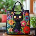 Multicolour tote bag with floral cat print design