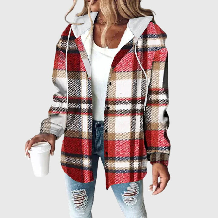 Women's red tailored jacket with a mesh-effect finish and button placket