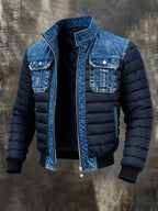 Men's denim quilted puffer jacket with an insulated bomber-style fit