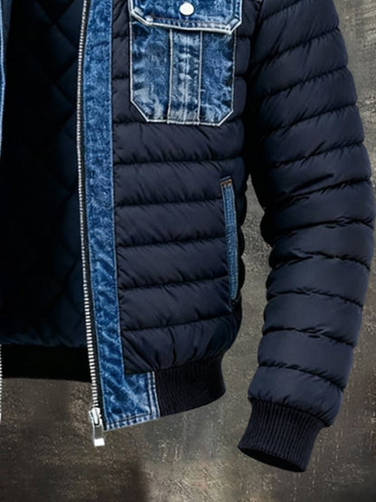 Men's denim quilted puffer jacket with an insulated bomber-style fit