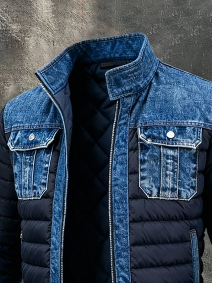 Men's denim quilted puffer jacket with an insulated bomber-style fit