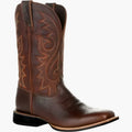 Brown men's Western cowboy boots with a stitched shaft and pointed toe