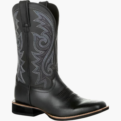 Brown men's Western cowboy boots with a stitched shaft and pointed toe