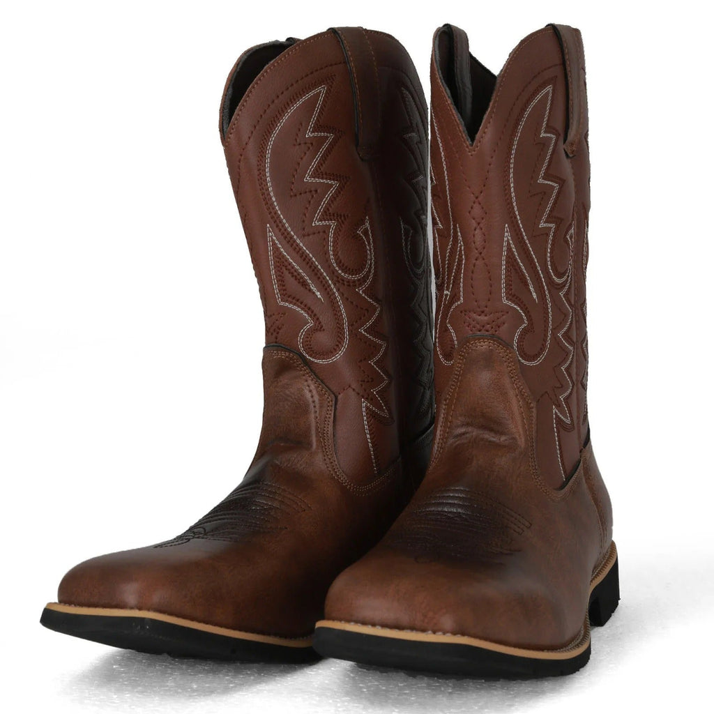 Brown men's Western cowboy boots with a stitched shaft and pointed toe