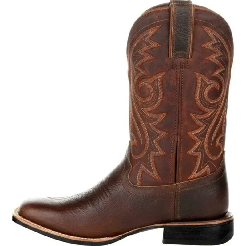 Brown men's Western cowboy boots with a stitched shaft and pointed toe
