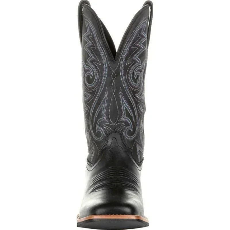 Brown men's Western cowboy boots with a stitched shaft and pointed toe