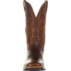 Brown men's Western cowboy boots with a stitched shaft and pointed toe