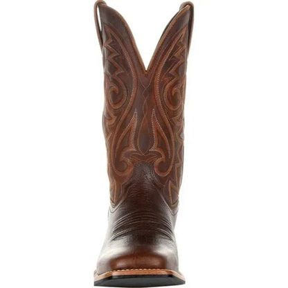 Brown men's Western cowboy boots with a stitched shaft and pointed toe
