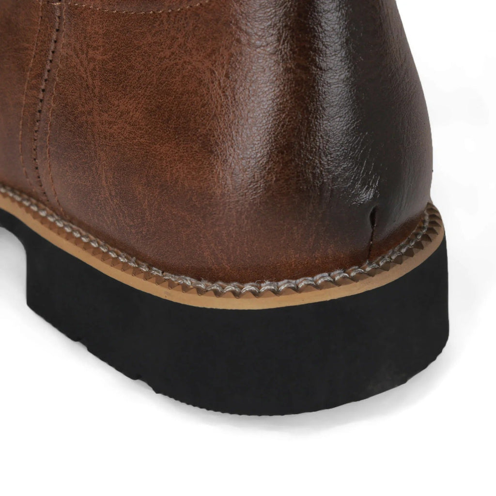 Brown men's Western cowboy boots with a stitched shaft and pointed toe