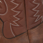 Brown men's Western cowboy boots with a stitched shaft and pointed toe