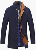 Men's royal blue wool blend overcoat with a detachable collar