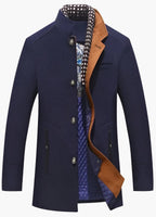Men's royal blue wool blend overcoat with a detachable collar