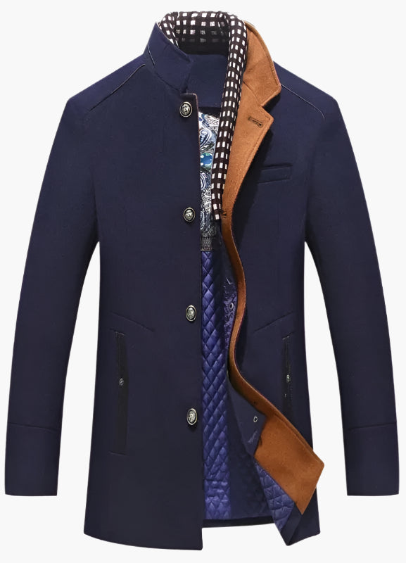 Men's royal blue wool blend overcoat with a detachable collar