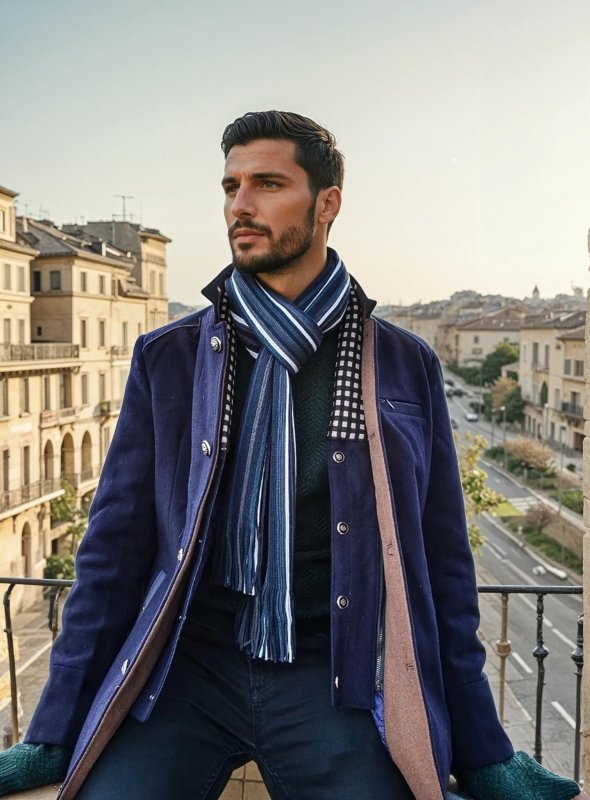 Men's royal blue wool blend overcoat with a detachable collar
