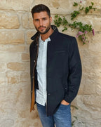 Men's royal blue wool blend overcoat with a detachable collar