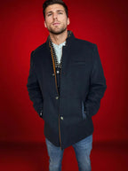 Men's royal blue wool blend overcoat with a detachable collar