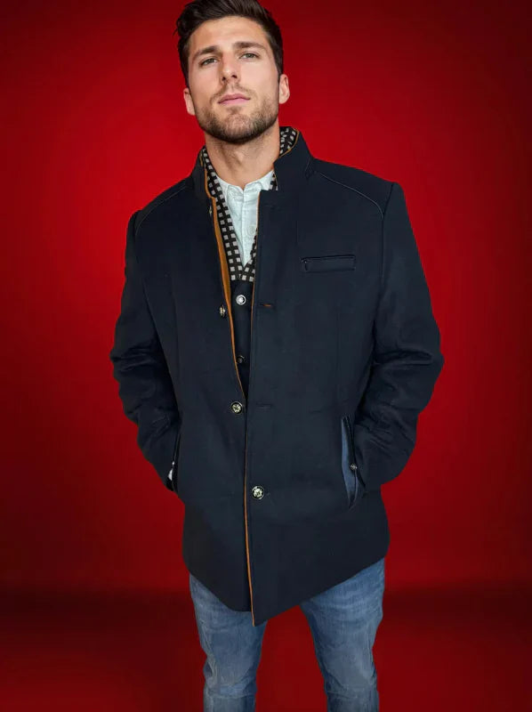 Men's royal blue wool blend overcoat with a detachable collar