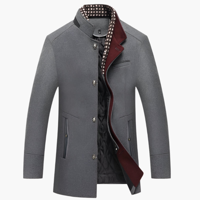 Men's grey wool blend overcoat with a detachable collar
