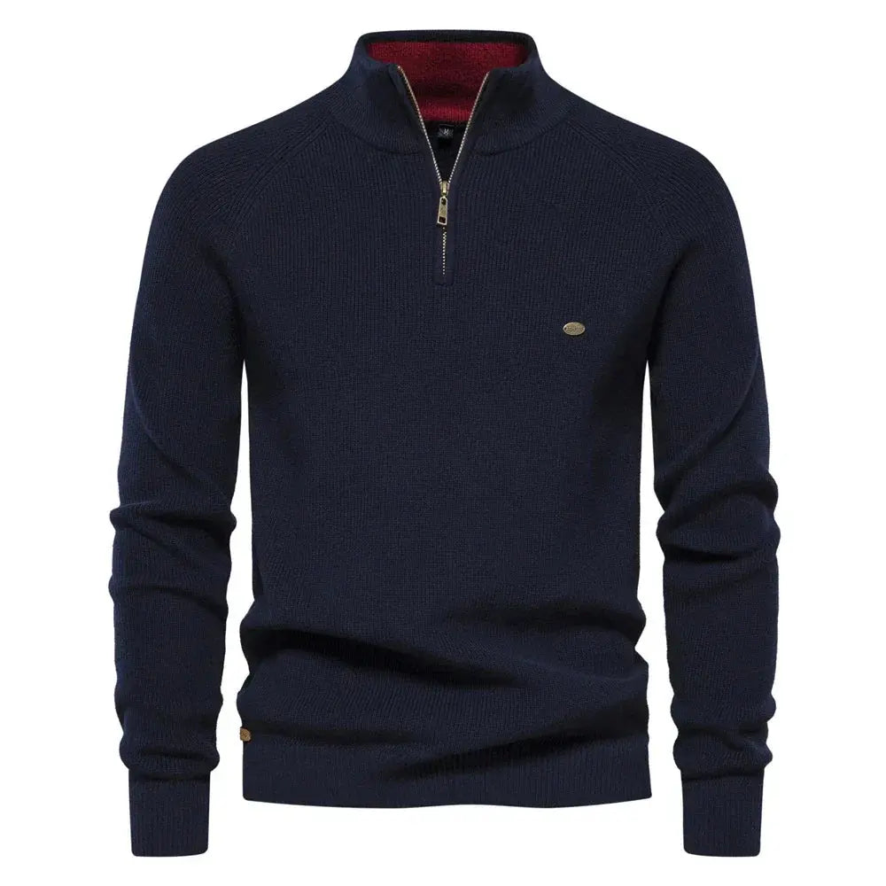 Men's navy wool blend half zip jumper