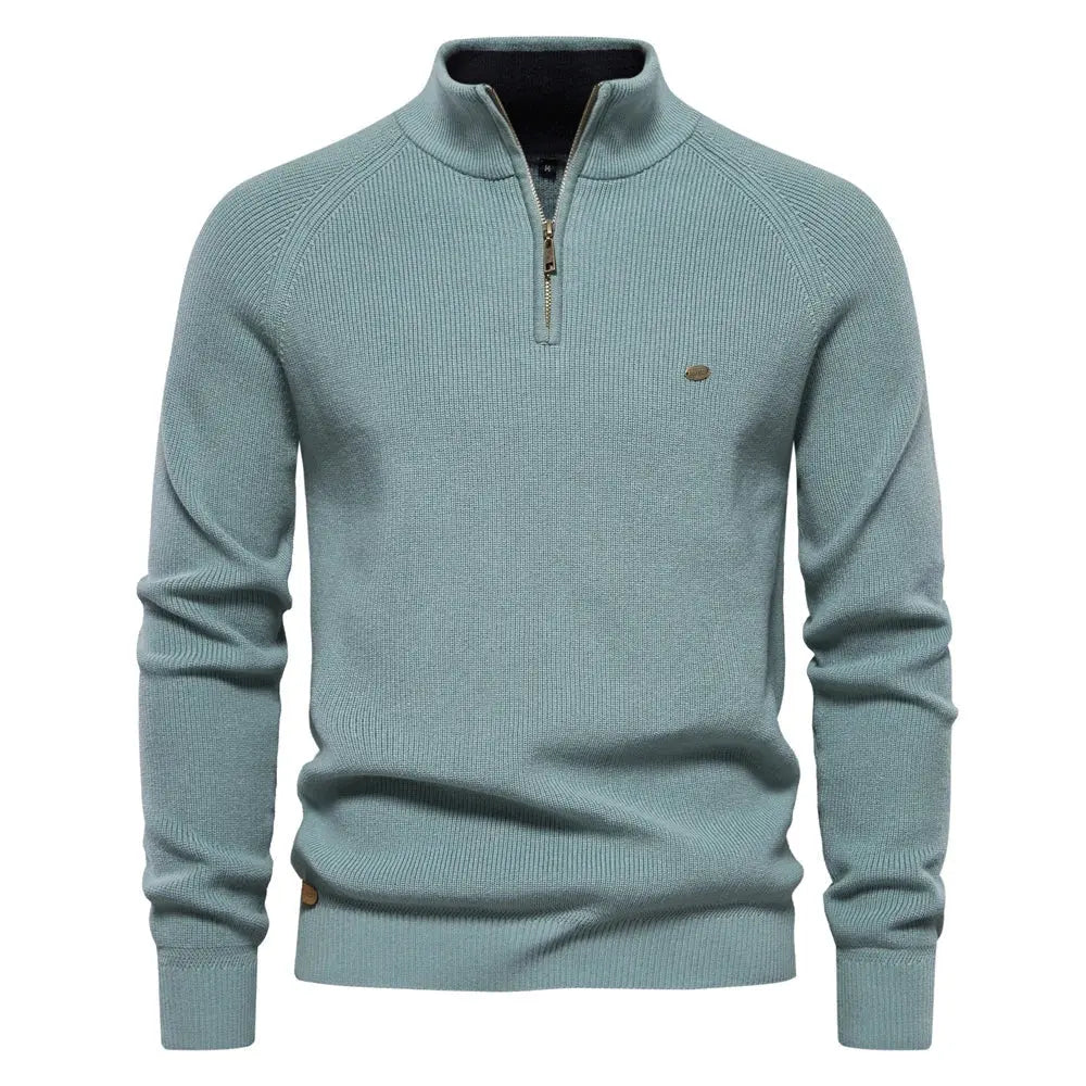 Men's sage green wool blend half zip jumper