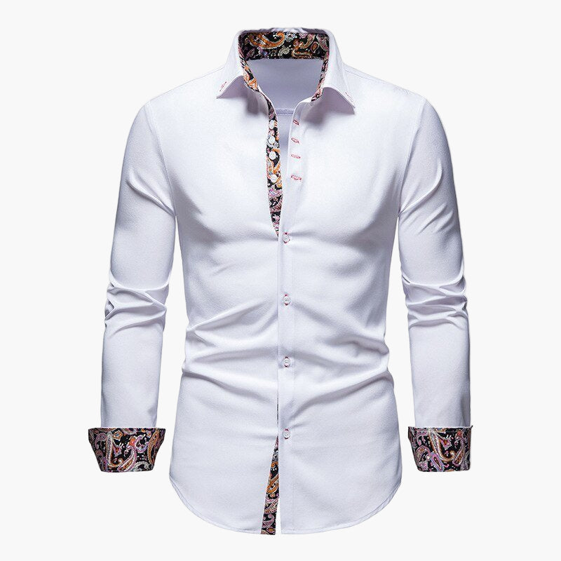 Men's white slim fit business shirt with long sleeves and patterned cuffs