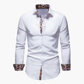 Men's white slim fit business shirt with long sleeves and patterned cuffs