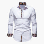 Men's white slim fit business shirt with long sleeves and patterned cuffs