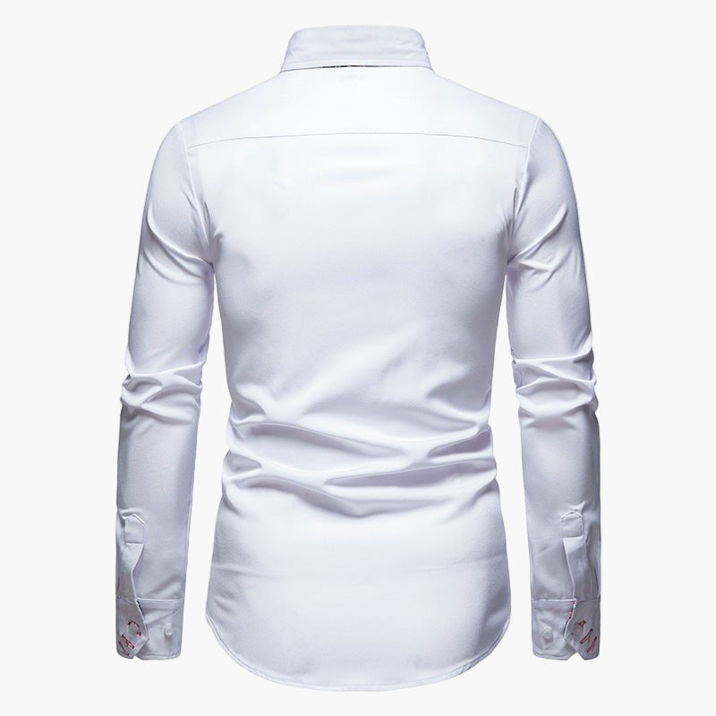 Men's white slim fit business shirt with long sleeves and patterned cuffs