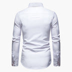 Men's white slim fit business shirt with long sleeves and patterned cuffs