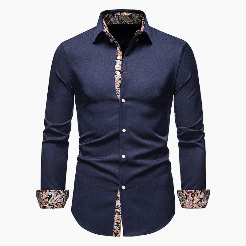 Men's white slim fit business shirt with long sleeves and patterned cuffs