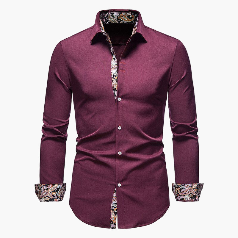 Men's white slim fit business shirt with long sleeves and patterned cuffs