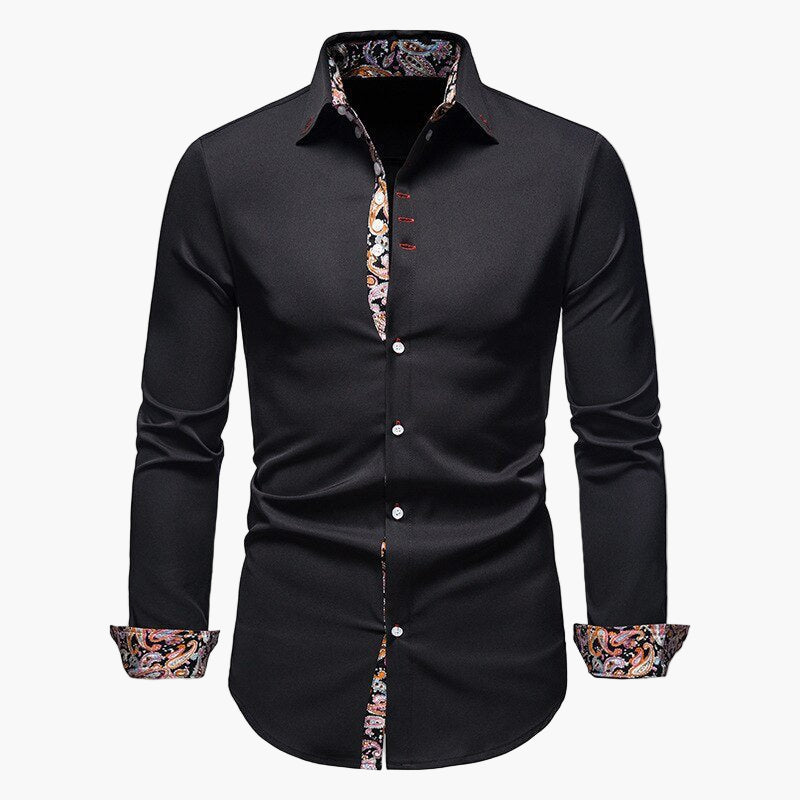 Men's white slim fit business shirt with long sleeves and patterned cuffs