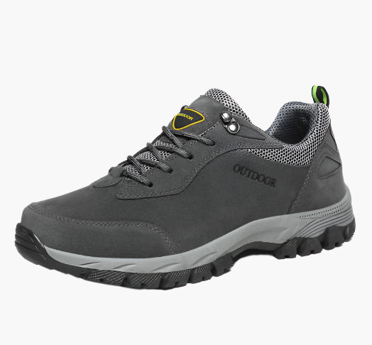 Grey men's waterproof hiking shoes with a grip outsole for autumn trails