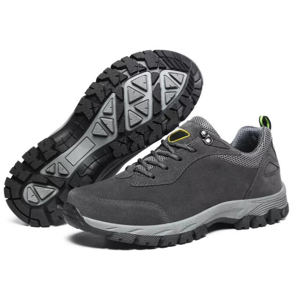 Grey men's waterproof hiking shoes with a grip outsole for autumn trails
