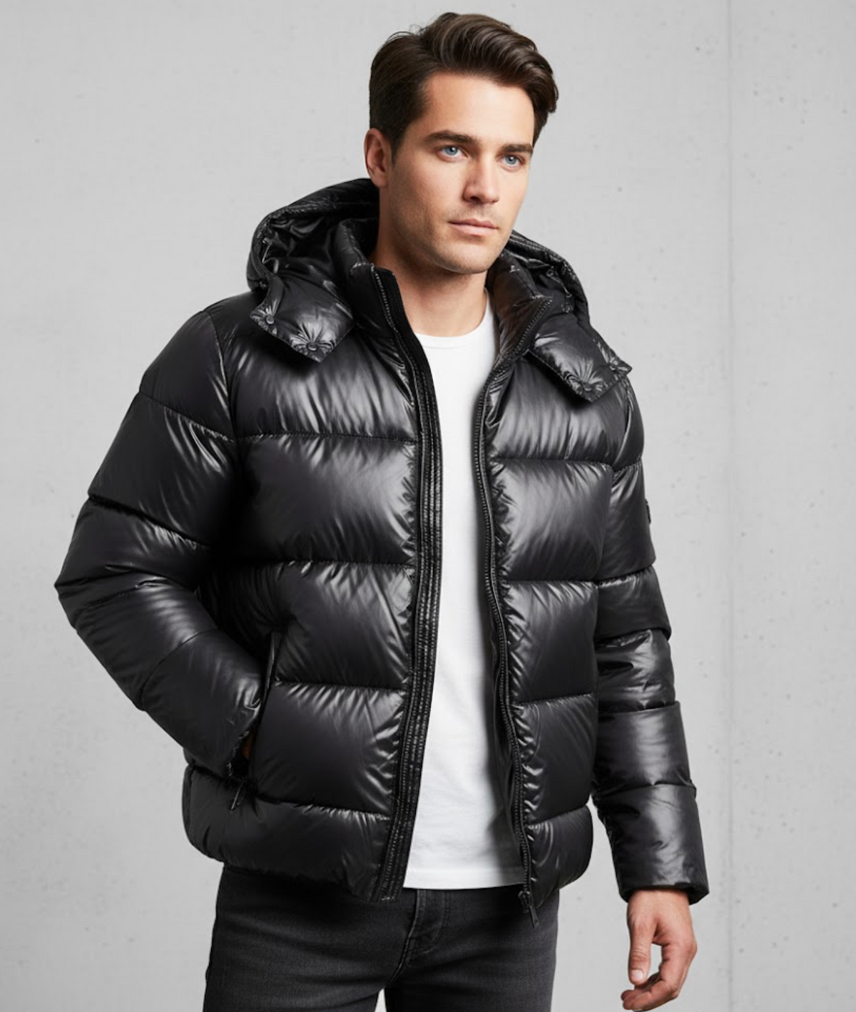 Men's black insulated funnel neck puffer jacket