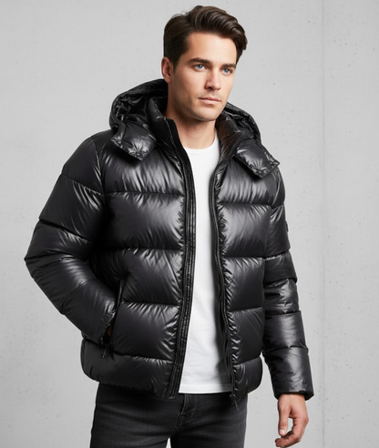 Men's black insulated funnel neck puffer jacket