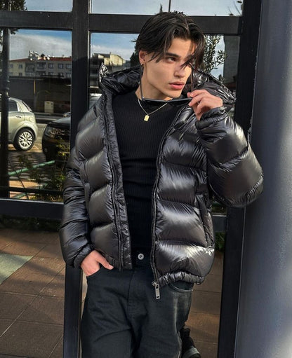 Men's green insulated funnel neck puffer jacket