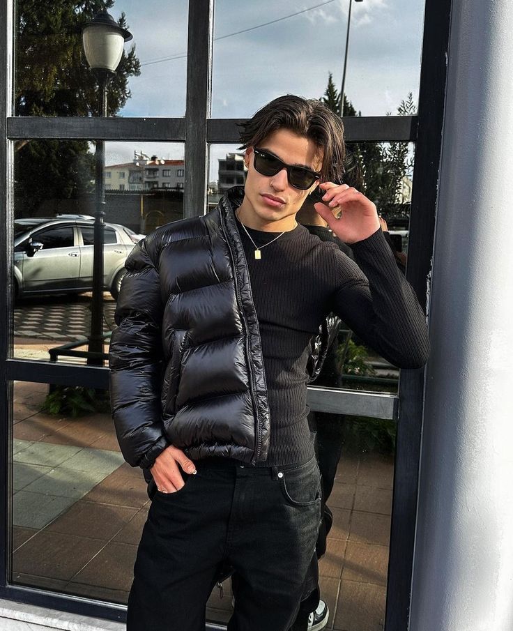 Men's green insulated funnel neck puffer jacket