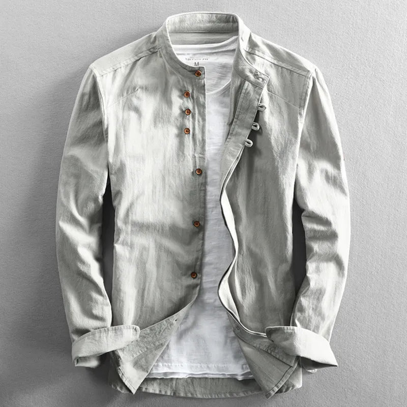 Men's mandarin collar long sleeve shirt with contrast placket in white